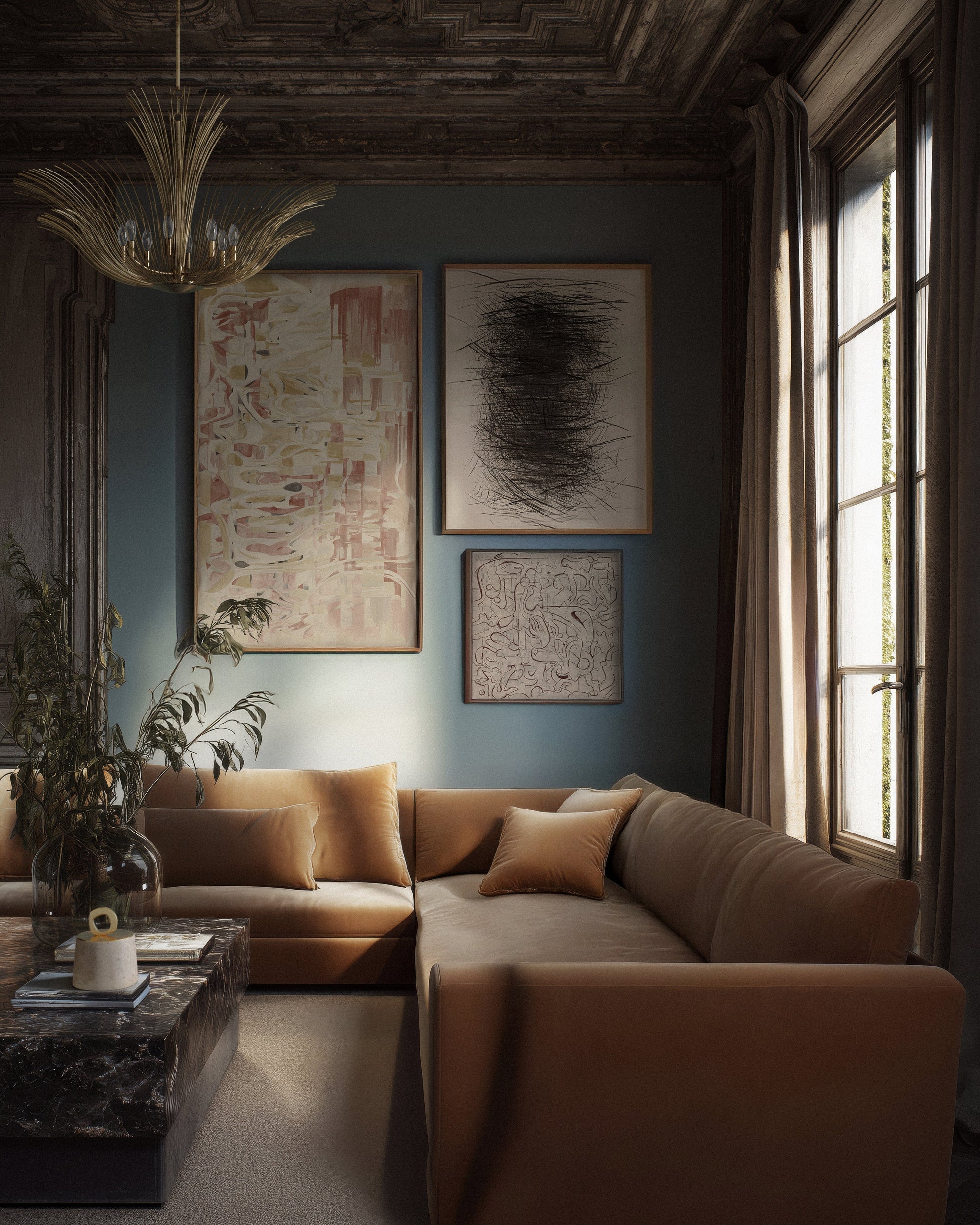 Lemieux et Cie Christiane Lemieux Gorgeous living room with the new Dorelle Chandelier Lacroix sectional in Porto Honey Performance velvet. Rose Brule Art.