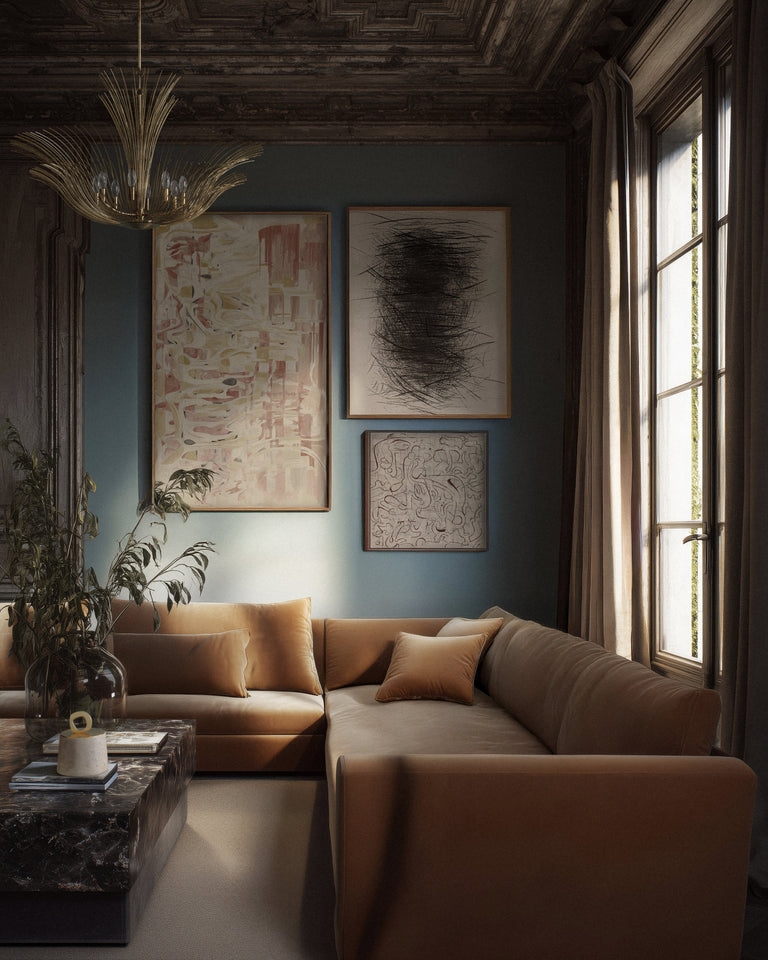 Lemieux et Cie Christiane Lemieux Gorgeous living room with the new Dorelle Chandelier Lacroix sectional in Porto Honey Performance velvet. Rose Brule Art.