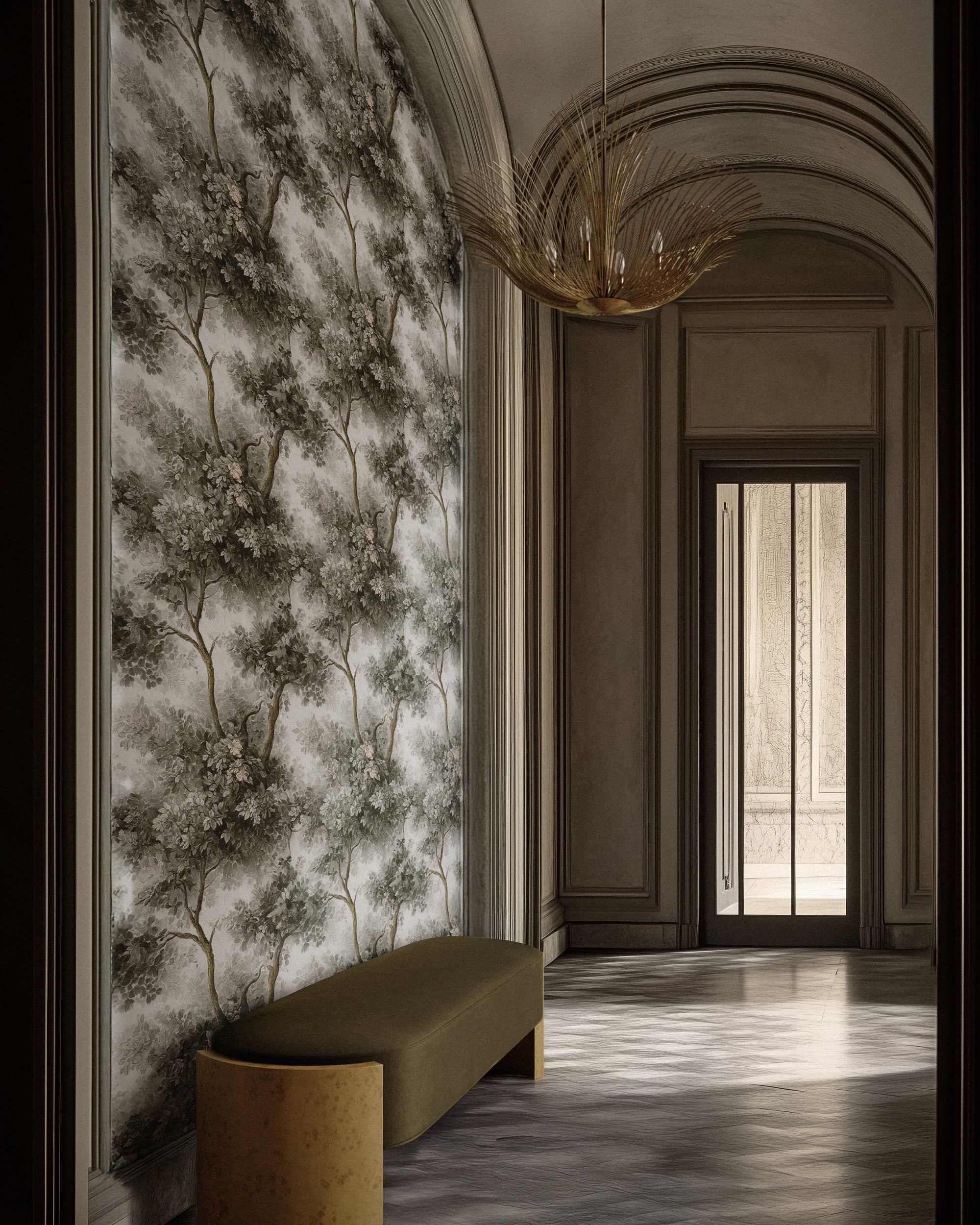 Lemieux et Cie oriental wallpaper inspired chinoiserie Arbor design with the Dorelle chandelier and Benoit bench.