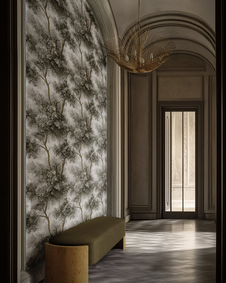 Lemieux et Cie oriental wallpaper inspired chinoiserie Arbor design with the Dorelle chandelier and Benoit bench.