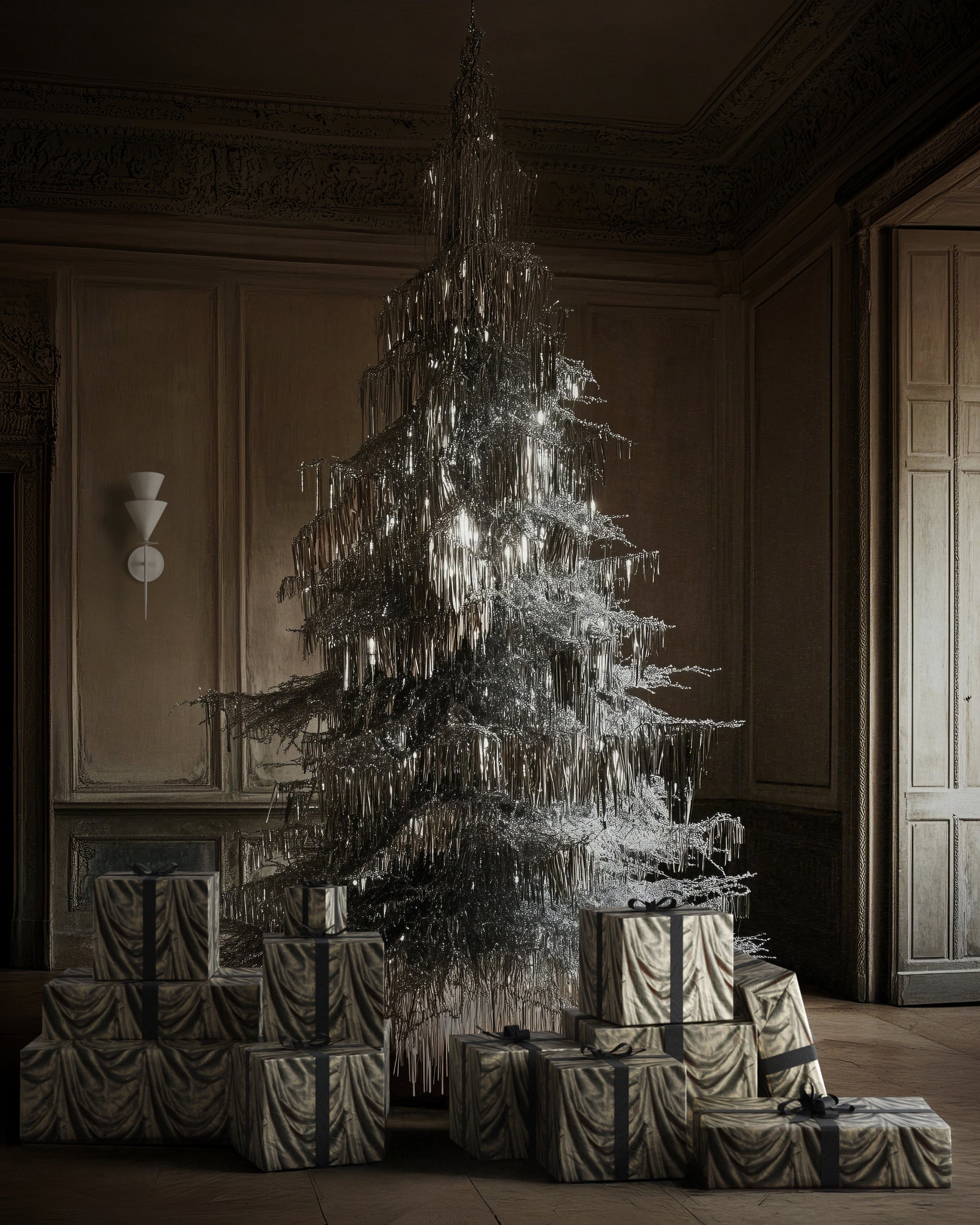 Lemieux et Cie Satin christmas wrapping paper in solid gold shimmer, premium modern minimalist high quality gift wrap.