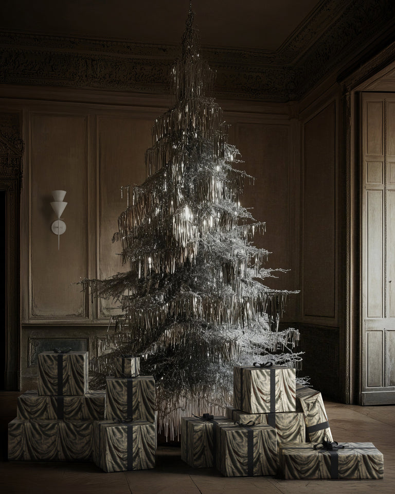 Lemieux et Cie Satin christmas wrapping paper in solid gold shimmer, premium modern minimalist high quality gift wrap.