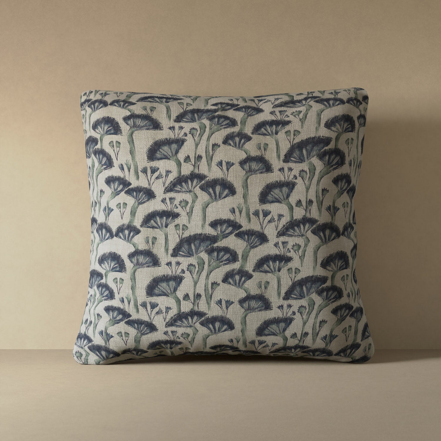 Linen decorative pillow cover with Japanese floral block print in deep indigo and sage on ecru ground