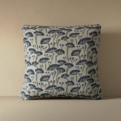Linen decorative pillow cover with Japanese floral block print in deep indigo and sage on ecru ground