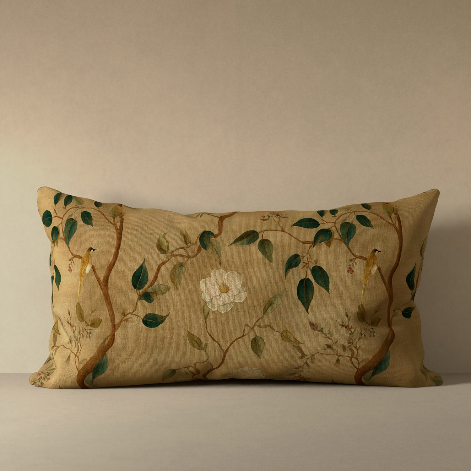 Linen luxury pillow with botanical treillage pattern in antique gold, sienna, and emerald green on linen with natural slub texture