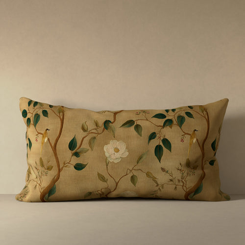 Linen luxury pillow with botanical treillage pattern in antique gold, sienna, and emerald green on linen with natural slub texture