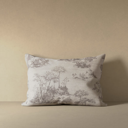 Linen decorative pillow cover with French toile scenic pattern in soft grey on cream linen ground