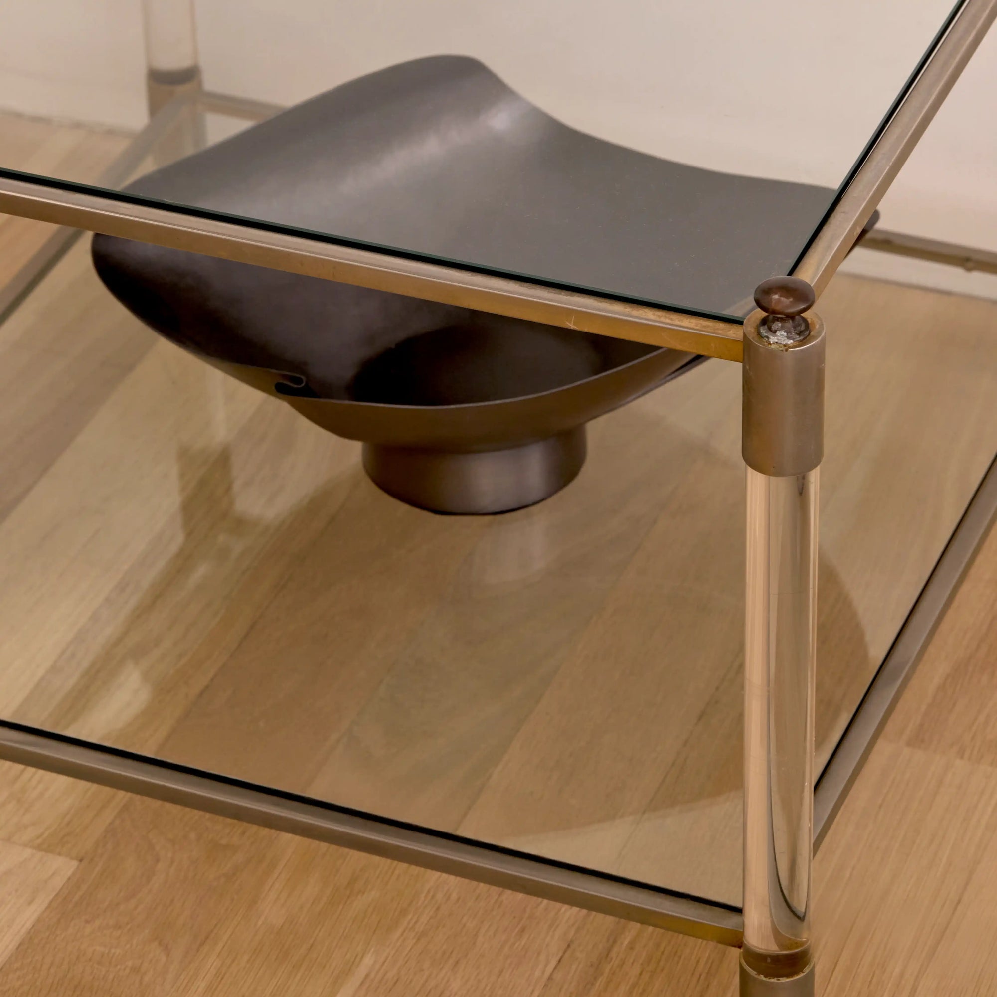Pair of French Lucite, Glass, and Metal End Tables, c. 1970