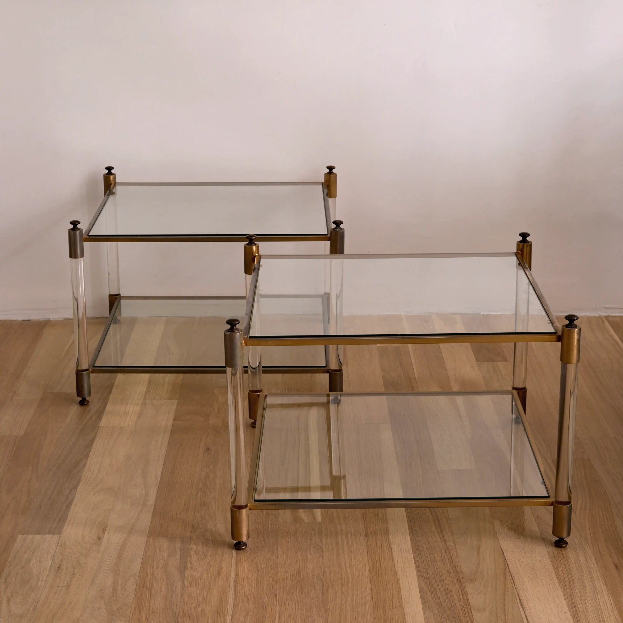 Pair of French Lucite, Glass, and Metal End Tables, c. 1970