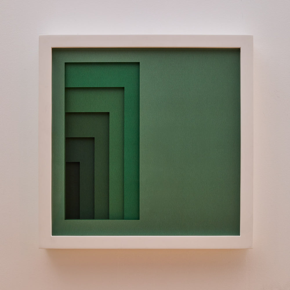 Lemieux et Cie Composition Tonale No. 3, geometric wall relief in sage green tones with stepped recessed form, shown against neutral walls.