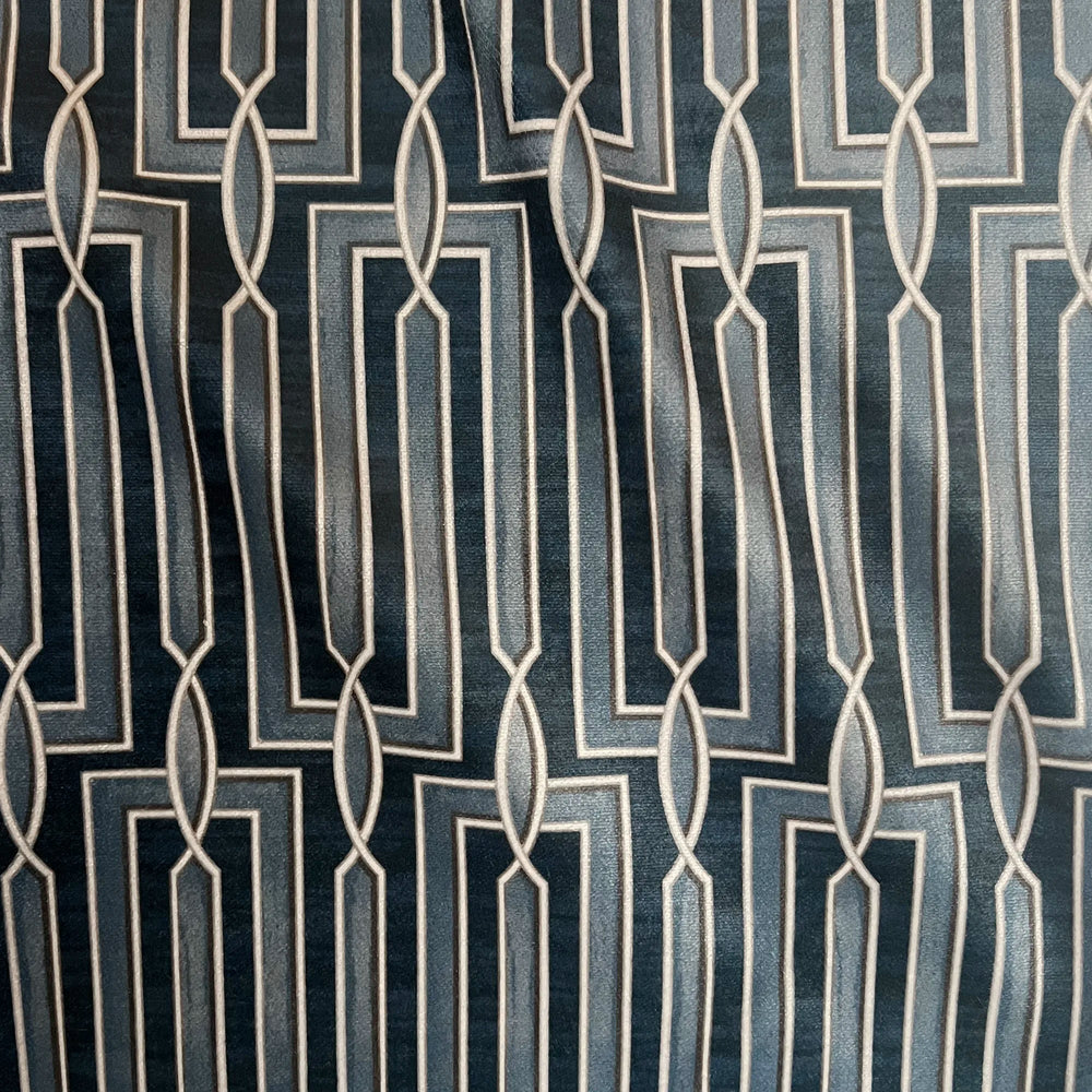 Lemieux et Cie Arbus Stripe Velvet Pillow in blue, geometric pattern detail with rhythmic cream outlines on deep blue performance velvet ground.