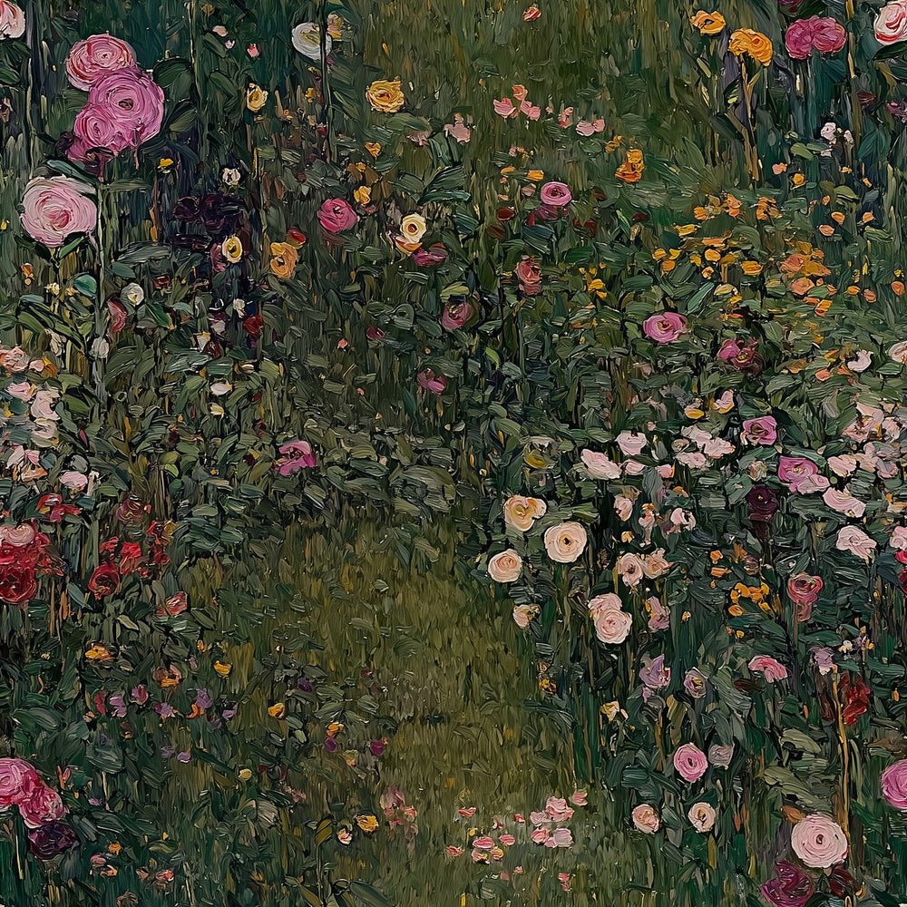 Lemieux et Cie April Field Wildflower Wallpaper in pink, rose, and ivory florals on deep green ground, painterly floral pattern with textured brushwork.