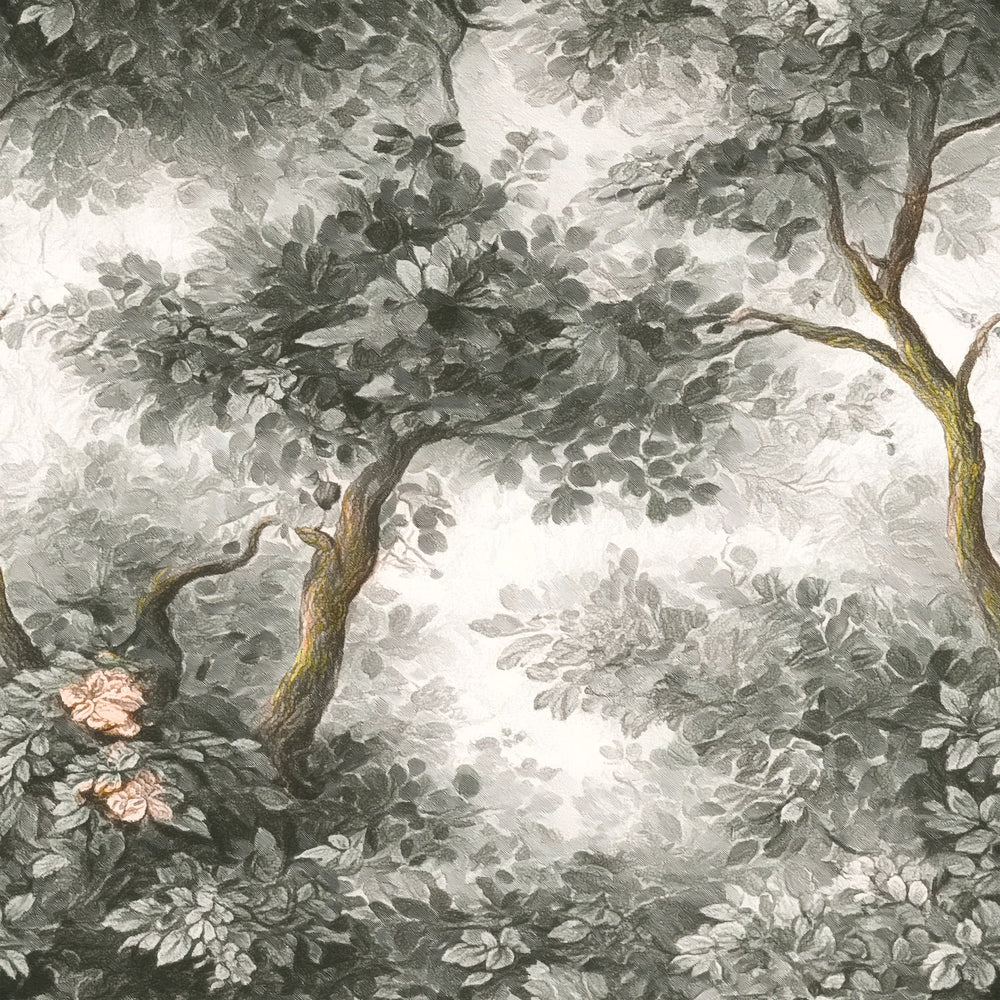 Lemieux et Cie Arbor chinoiserie peel and stick wallpaper with forest scenes, inspired by Chinese wallpaper luxury design.