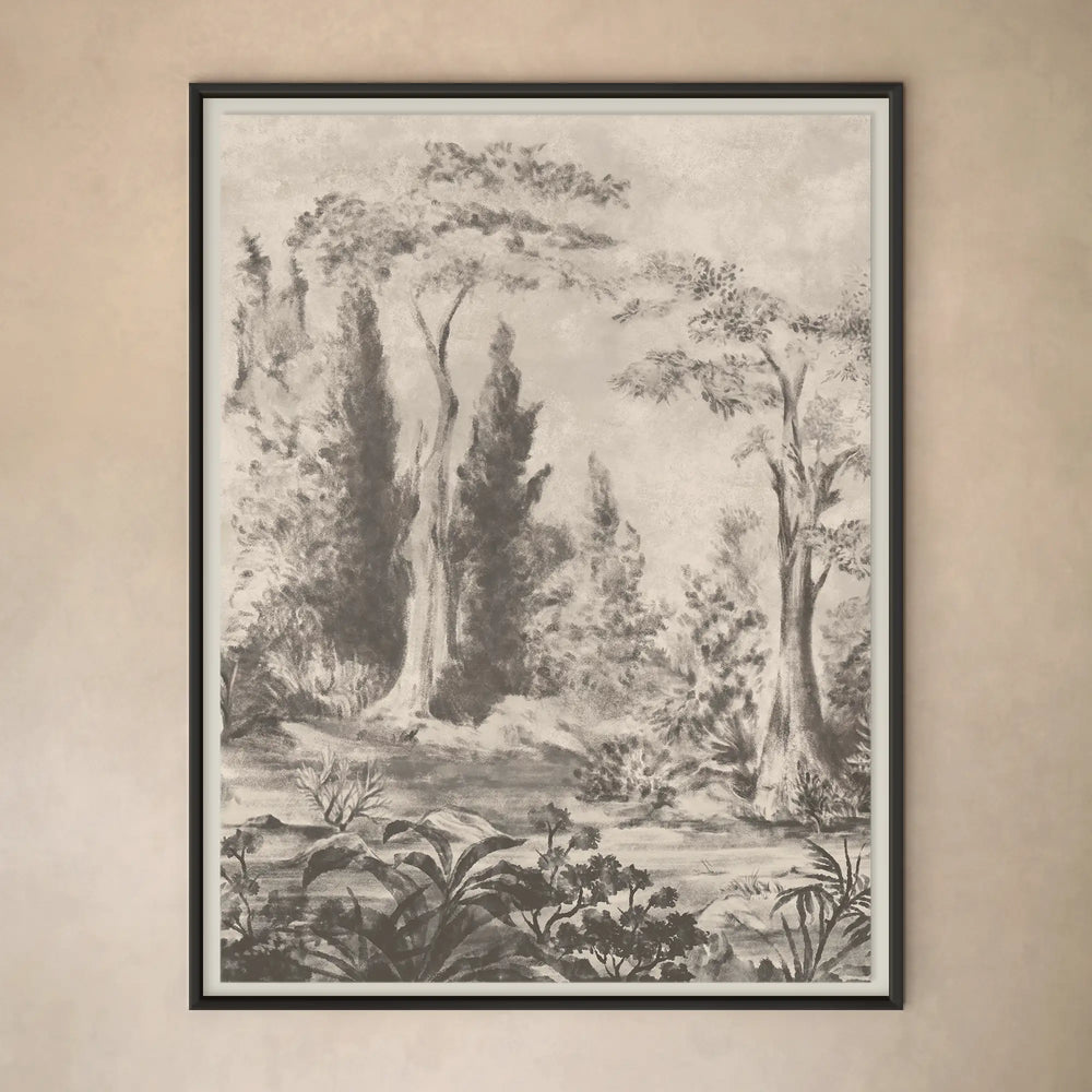 Lemieux et Cie Bois de Boulogne print in monochrome, woodland panorama scene in dark frame, hung on warm neutral wall.