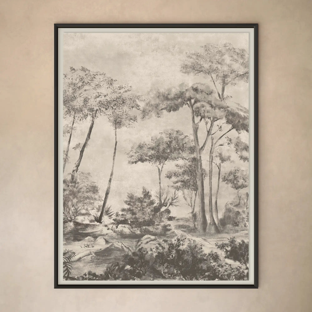 Lemieux et Cie Bois de Boulogne print in monochrome tones, framed artwork depicting woodland landscape, mounted on warm neutral wall.