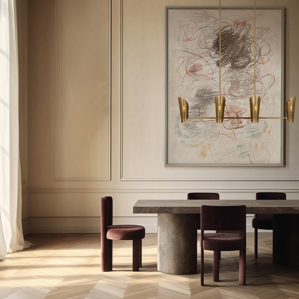 Lemieux et Cie Plivot 6 Light Linear Chandelier, a luxury lighting fixture in burnished brass hangs above a dining table and chairs with the Brouillard 1 Limited Edition Art Print on the wall.