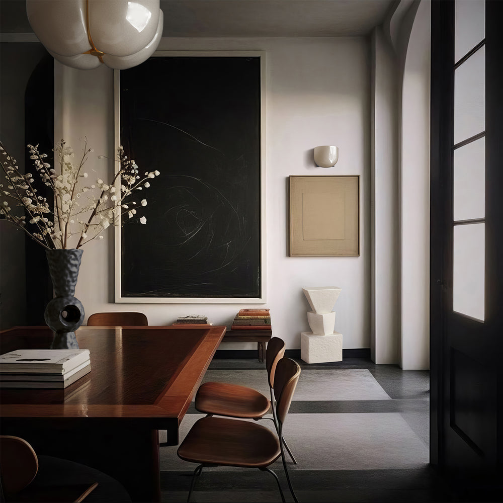 Lemieux et Cie Cheverny Large Semi-Flush Mount, a luxury lighting fixture with white milk glass shades, mounted above a study with Cheverny Small Sconce.