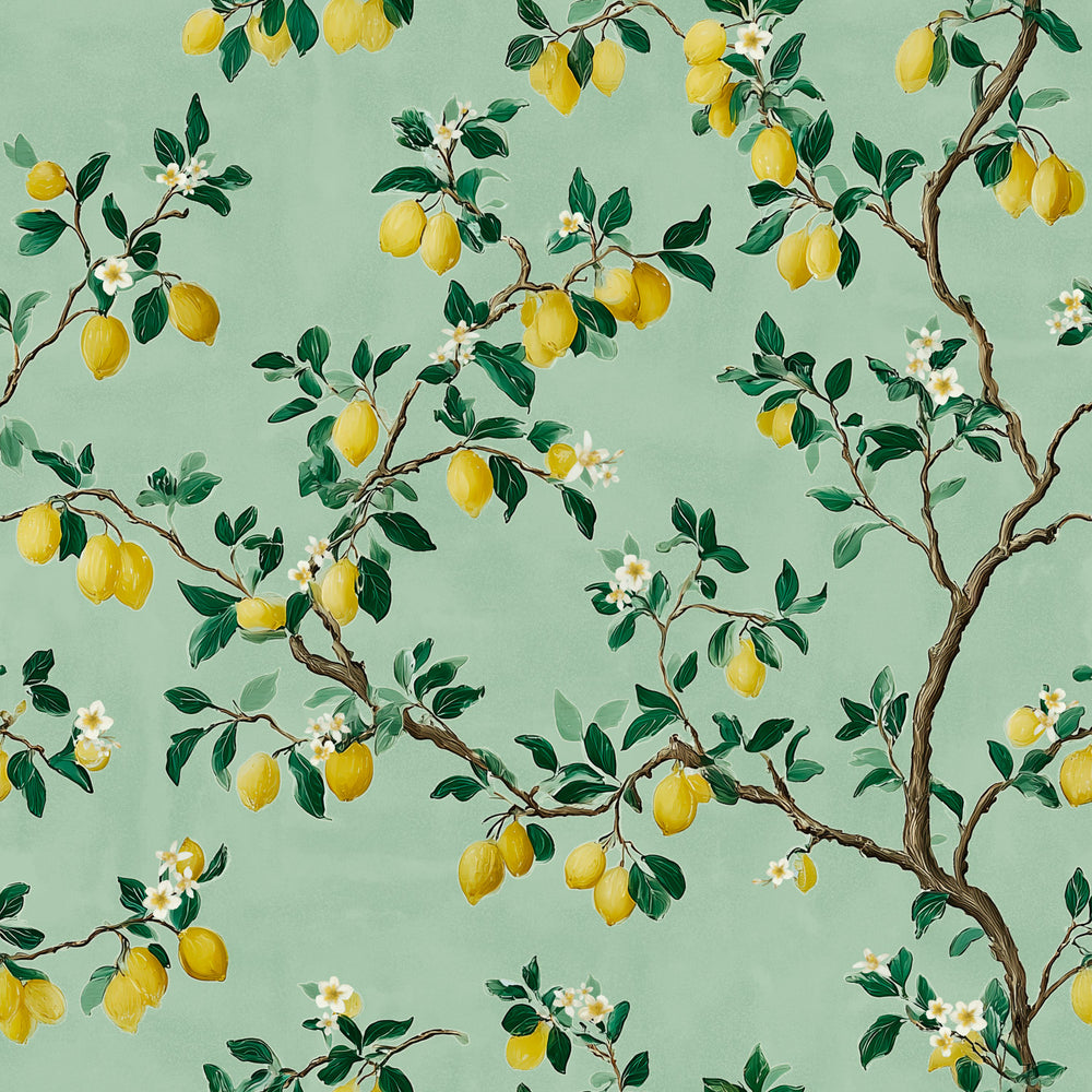Lemieux et Cie Citron Verts Wallpaper in soft mint green with yellow lemon motif and botanical branches, close-up pattern detail.
