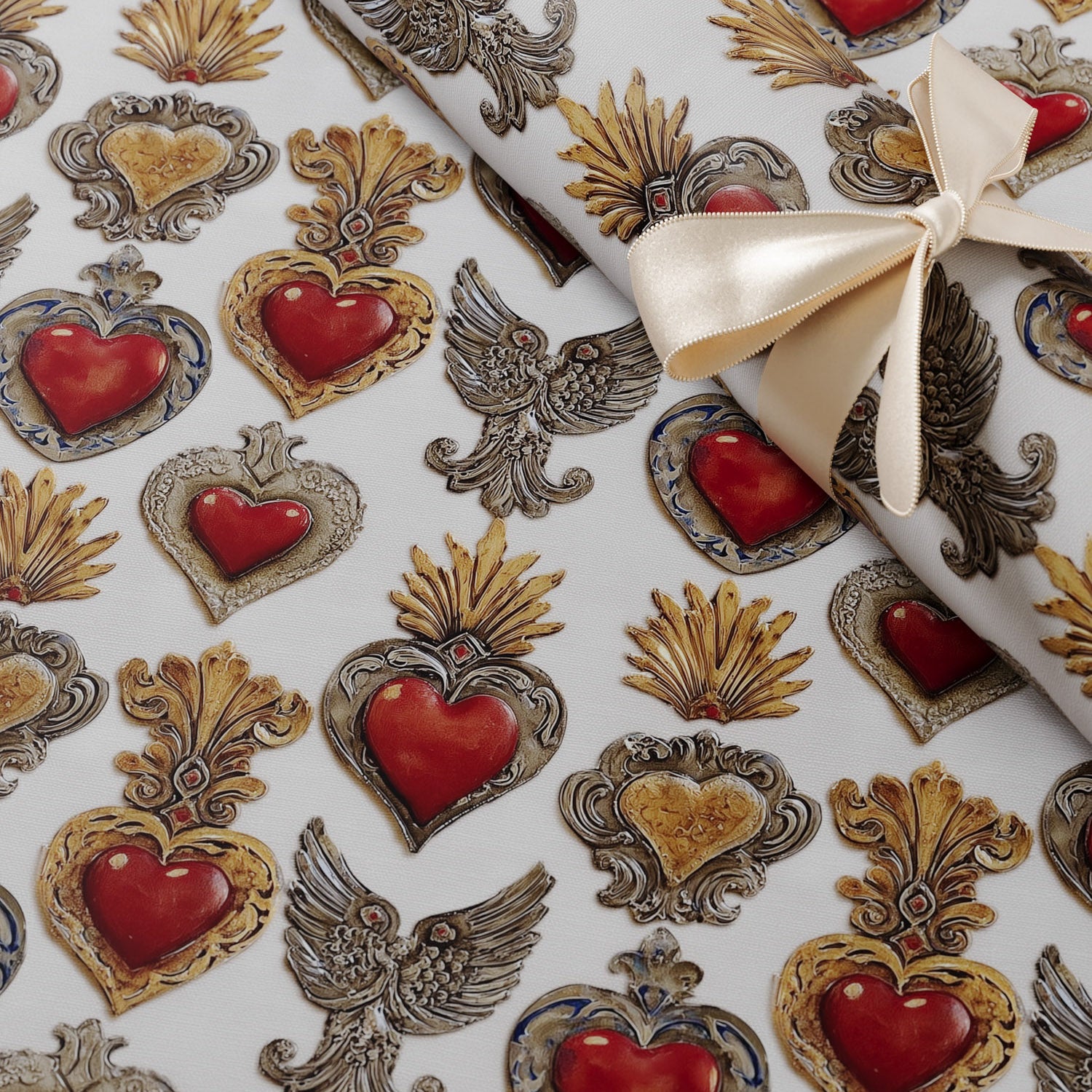 Lemieux et Cie Corazon Sagrado Gift Wrapping Paper with red hearts, gold sunbursts, and winged motifs, wrapped around folded ivory ribbon on white backdrop.