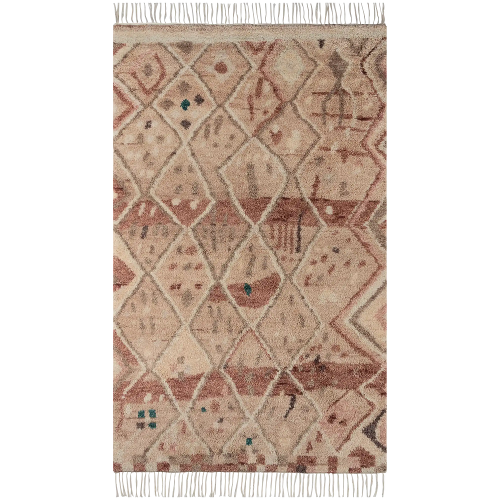 Lemieux et Cie Doukkala Gnibi Rug in natural wool, hand-knotted Moroccan rug with geometric pattern in mauve and warm neutrals, shown on white studio backdrop.