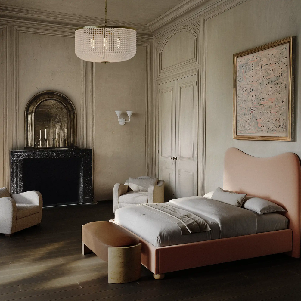 Lemieux et Cie Bellecour Chandelier in honed crystal with vintage gilded brass, beaded chandelier suspended in bedroom with paneled walls and wood floors.