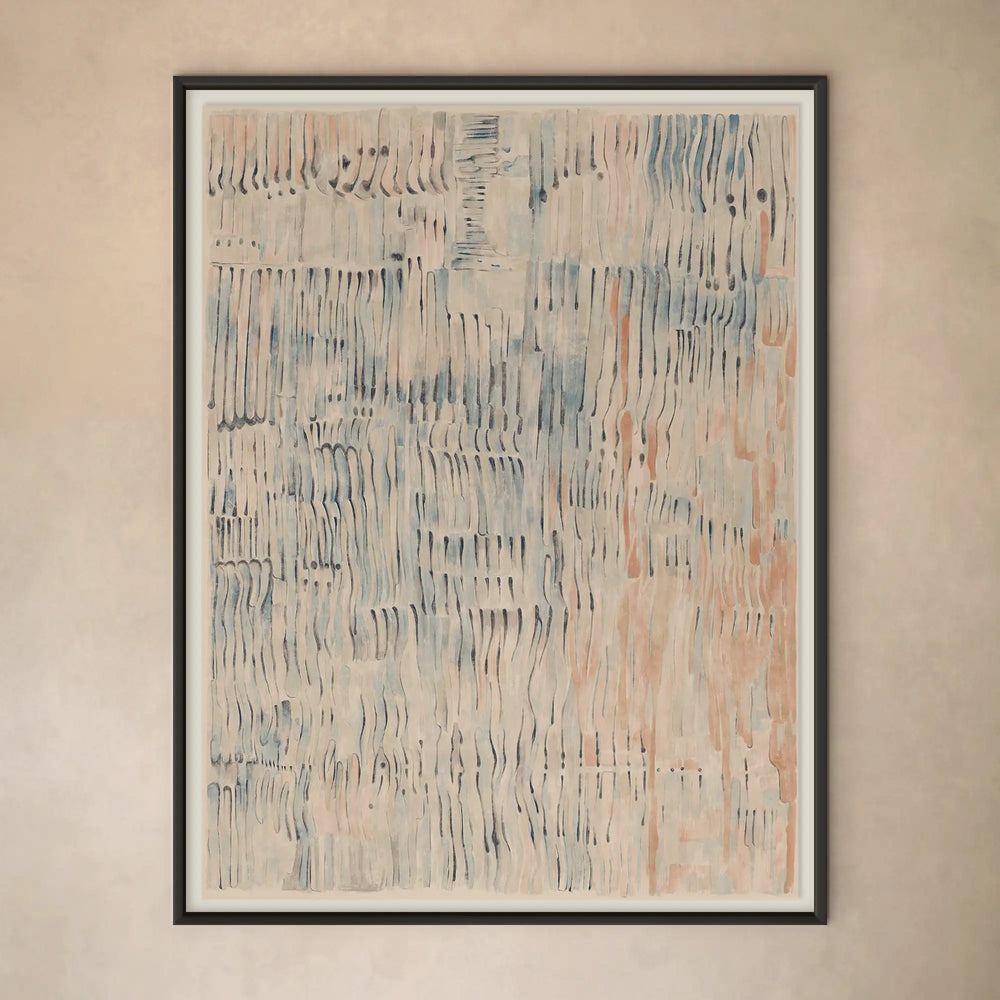 Lemieux et Cie Étretat Limited Edition Art Print, abstract landscape in soft blue and coral tones, framed in black on warm neutral wall.