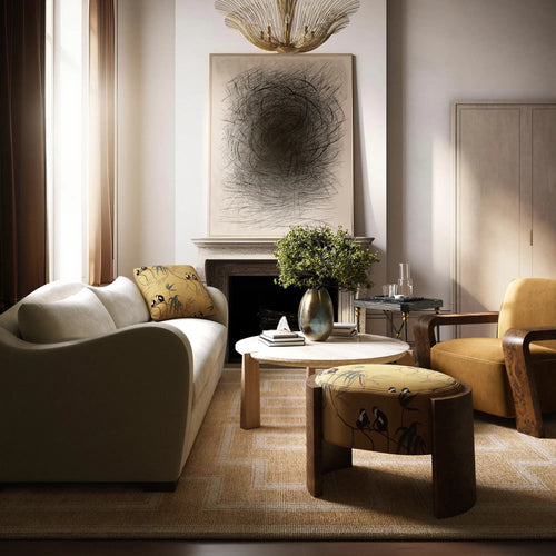Lemieux et Cie Le Fourré Deux art print in charcoal and graphite on paper, abstract wall art above a fireplace in a neutral sitting room with warm light.