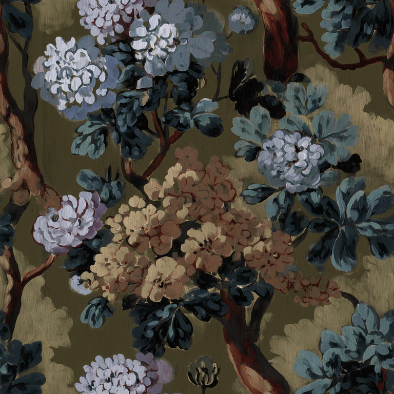 Lemieux et Cie Folie Floral green chinoiserie wallpaper with painted blossoms on olive, romantic chinoiserie peel and stick wallpaper.