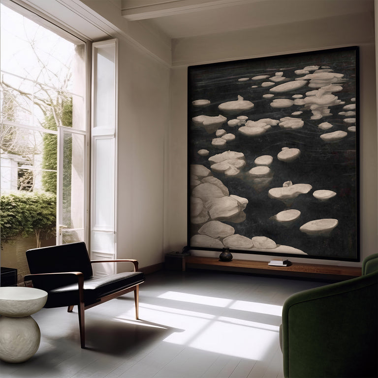 Lemieux et Cie Les Glaçons fine art print, moonlit icebergs on dark ground, framed artwork in sitting room with tall windows and wood floors in soft daylight.