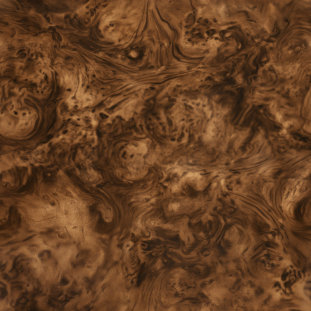 Lemieux et Cie Heirloom Walnut Burl Wood peel and stick wallpaper with warm brown tones and swirling organic grain, perfect for offices and libraries.
