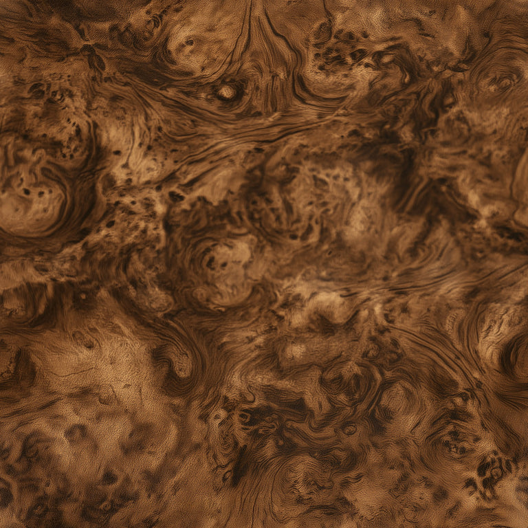 Lemieux et Cie Heirloom Walnut Burl Wood peel and stick wallpaper with warm brown tones and swirling organic grain, perfect for offices and libraries.