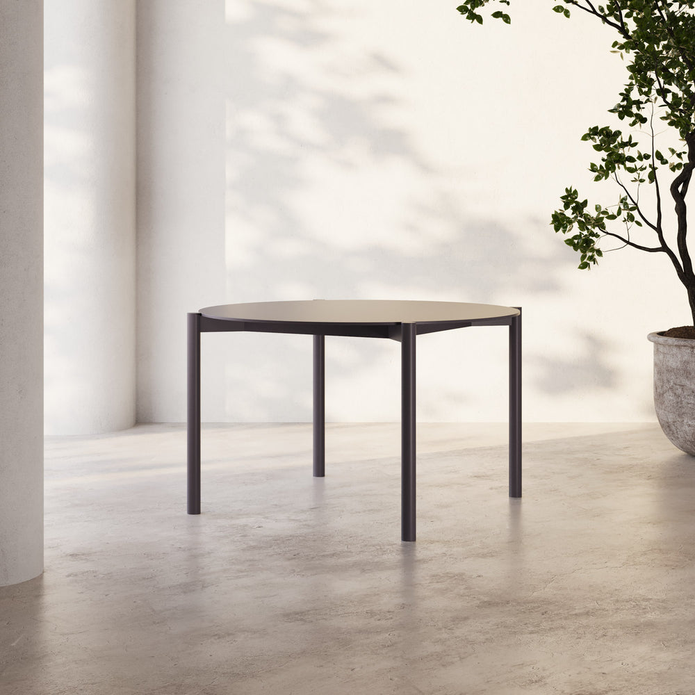 Lemieux et Cie Hudson 47" Round Dining Table, round table with slim dark frame, shown on concrete floor in sunlit room with white walls and greenery.
