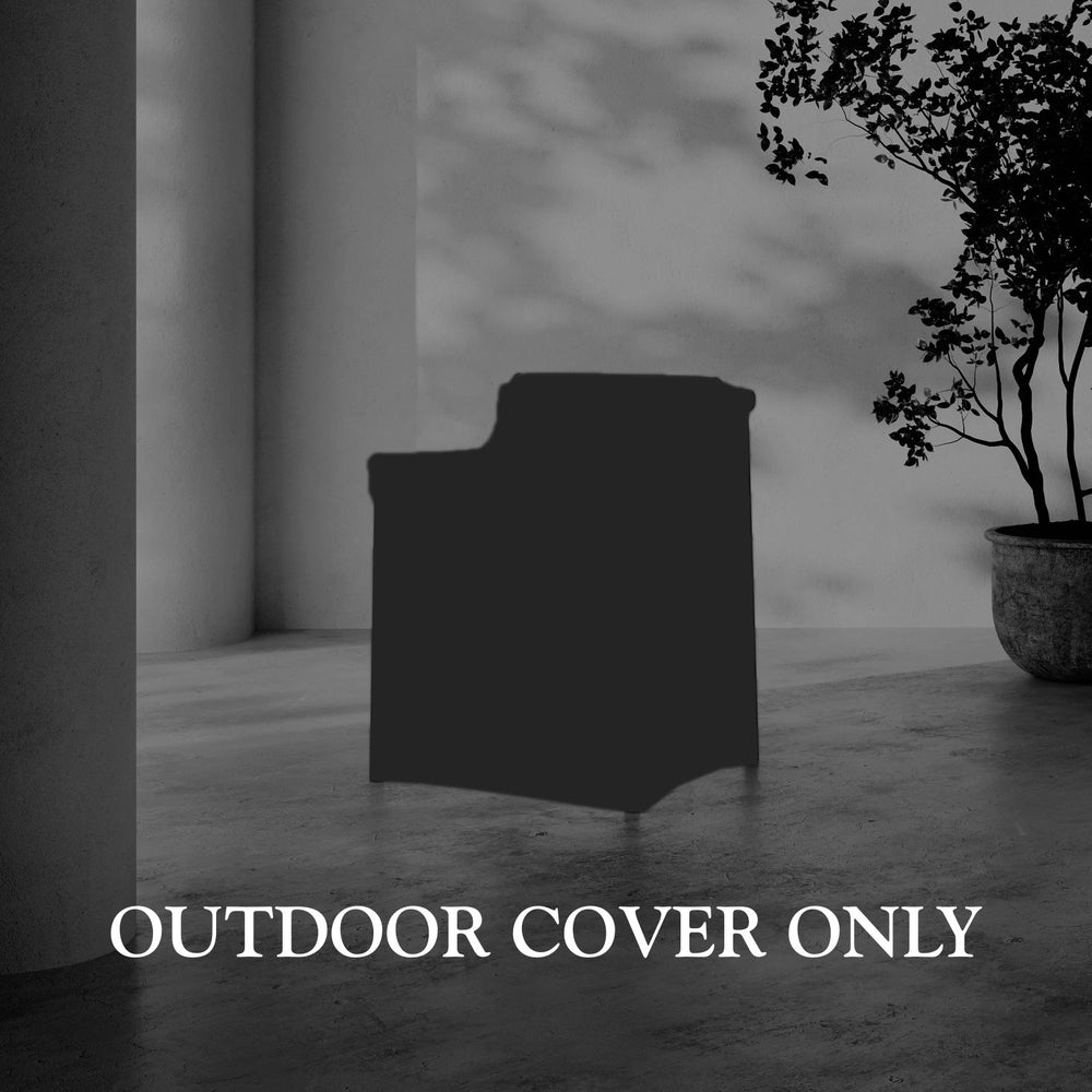 Lemieux et Cie Hudson Dining Arm Chair Outdoor Cover, protective furniture cover shown on stone floor in outdoor courtyard setting with potted tree.