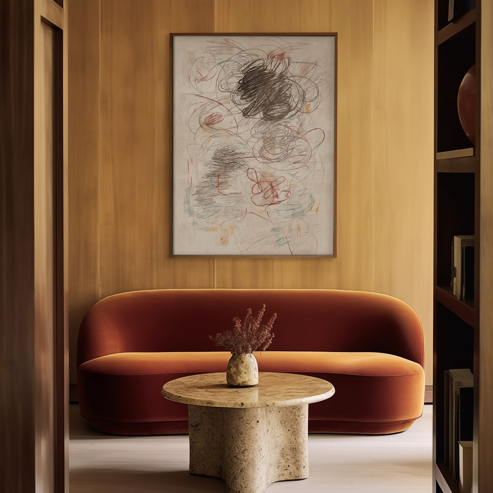 Lemieux et Cie Brouillard 1 fine art print, abstract gestural composition in soft swirls and muted tones, framed above a rust velvet sofa and stone coffee table in a warm wood-paneled room.