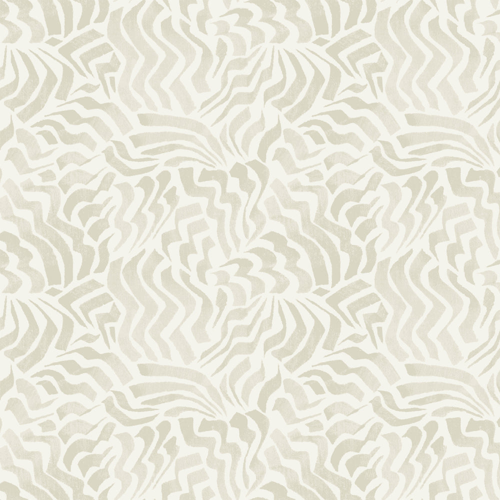 Lemieux et Cie Zora Waves wallpaper in light gray on creamy white, geometric wave pattern with organic brushstroke motif shown on white studio backdrop.