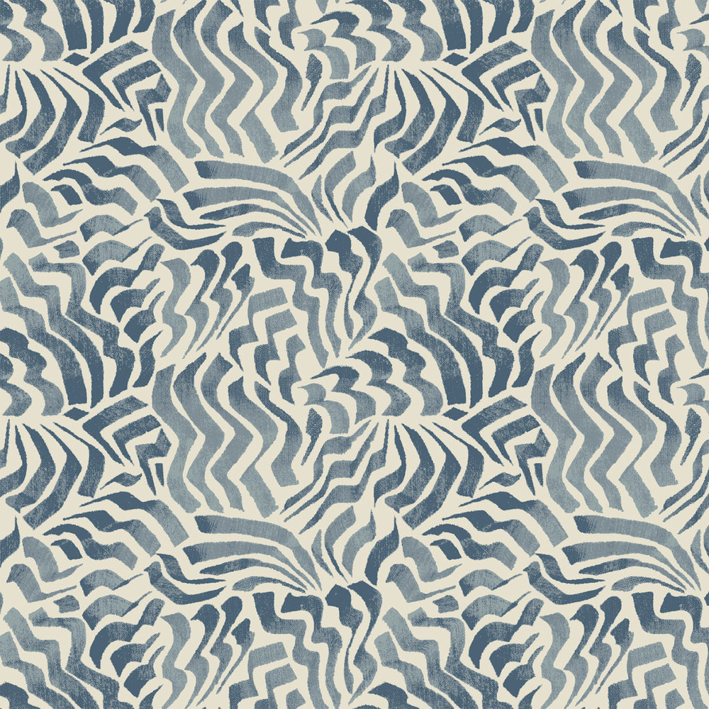 Lemieux et Cie Zora Waves in indigo blue on white, textile swatch with organic wave pattern, shown on white studio backdrop.