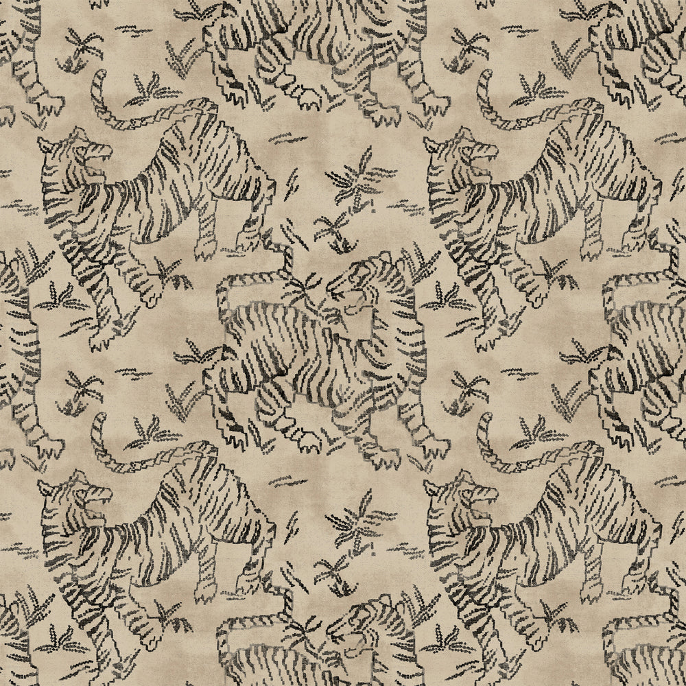 Lemieux et Cie Orly Tigers rug in charcoal gray on powder white, stylized tiger motif woven textile, shown on white studio backdrop.