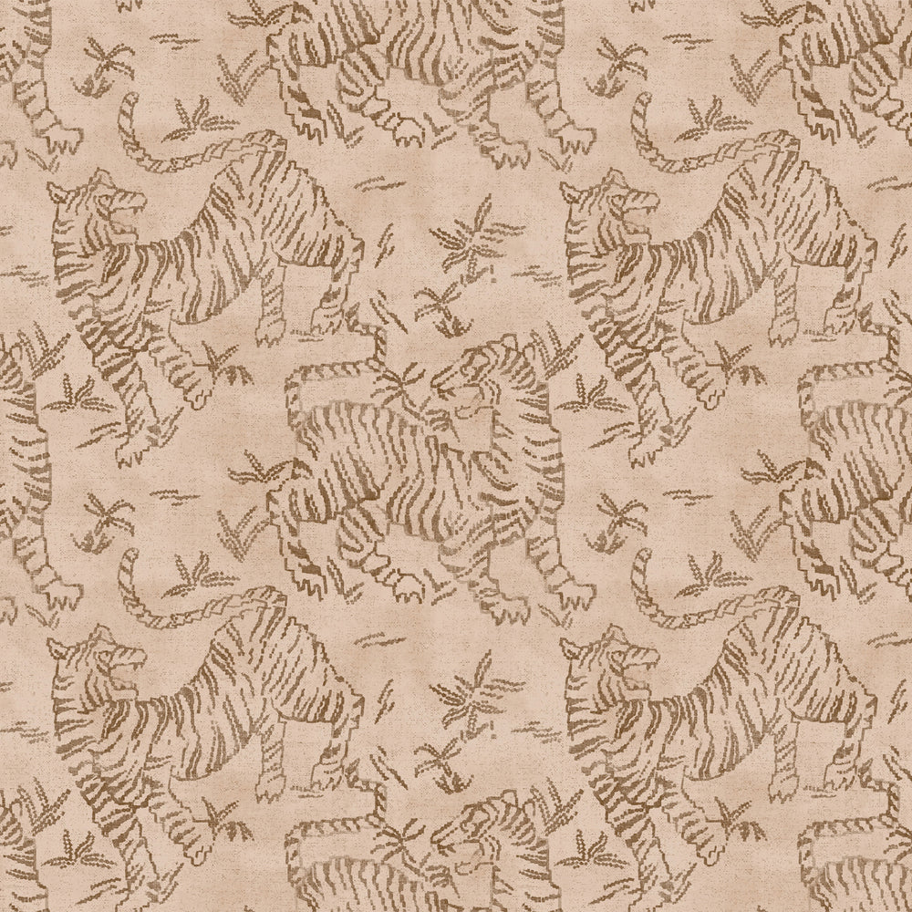 Lemieux et Cie Orly Tigers in brown on blush pink, carpet with stylized tiger motif pattern shown on white studio backdrop.
