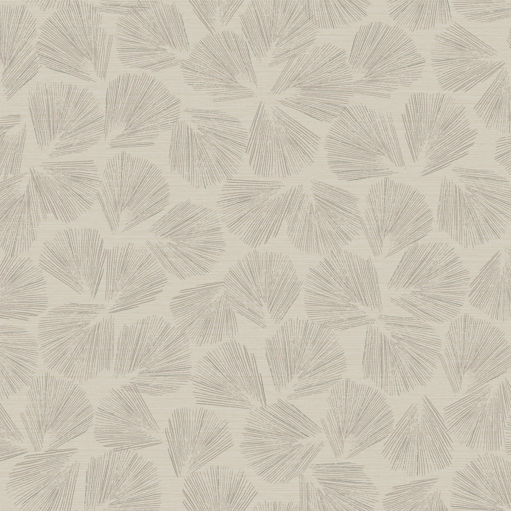 Lemieux et Cie Elora Leaf wallcovering in taupe brown with metallic, fan-shaped garden leaves pattern with raised veining, shown on white studio backdrop.