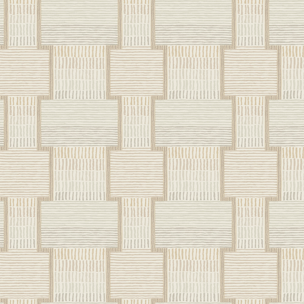 Lemieux et Cie La Broderie in fawn beige and dove gray, geometric embroidered textile swatch with overlock stitching, shown on white studio backdrop.