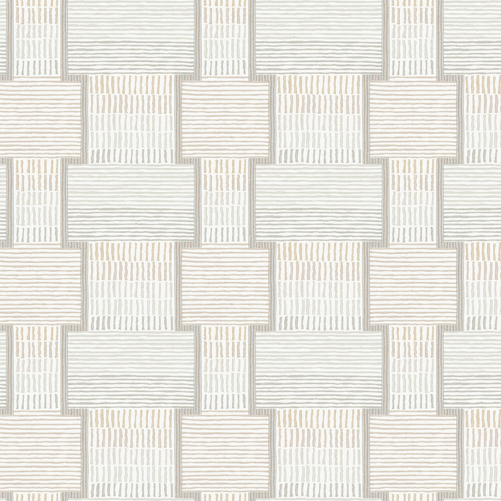 Lemieux et Cie Camelia Blossom wallpaper swatch in charcoal gray and almond cream, basketweave pattern with hand-drawn botanical motif, shown on white studio backdrop.