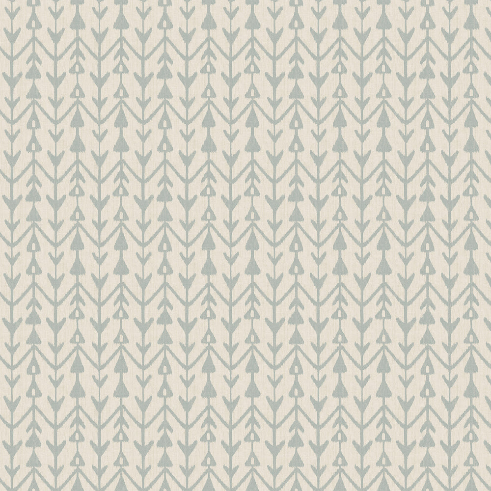 Lemieux et Cie Martigue Stripe in sage green, woven textile swatch with geometric arrow motif in soft coastal palette, shown on white studio backdrop.