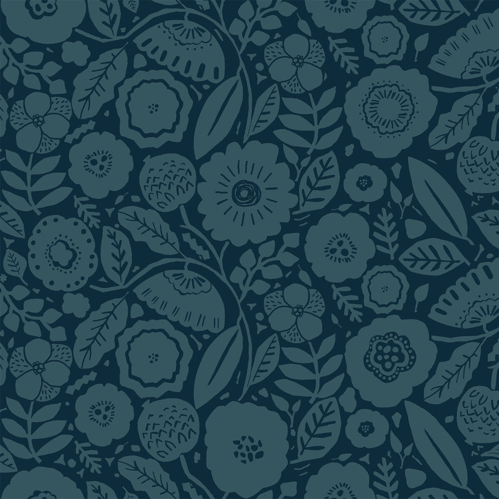Lemieux et Cie Camelia Blossom wallpaper swatch in cobalt and indigo blue, hand-illustrated floral pattern with botanical motifs on flat surface.