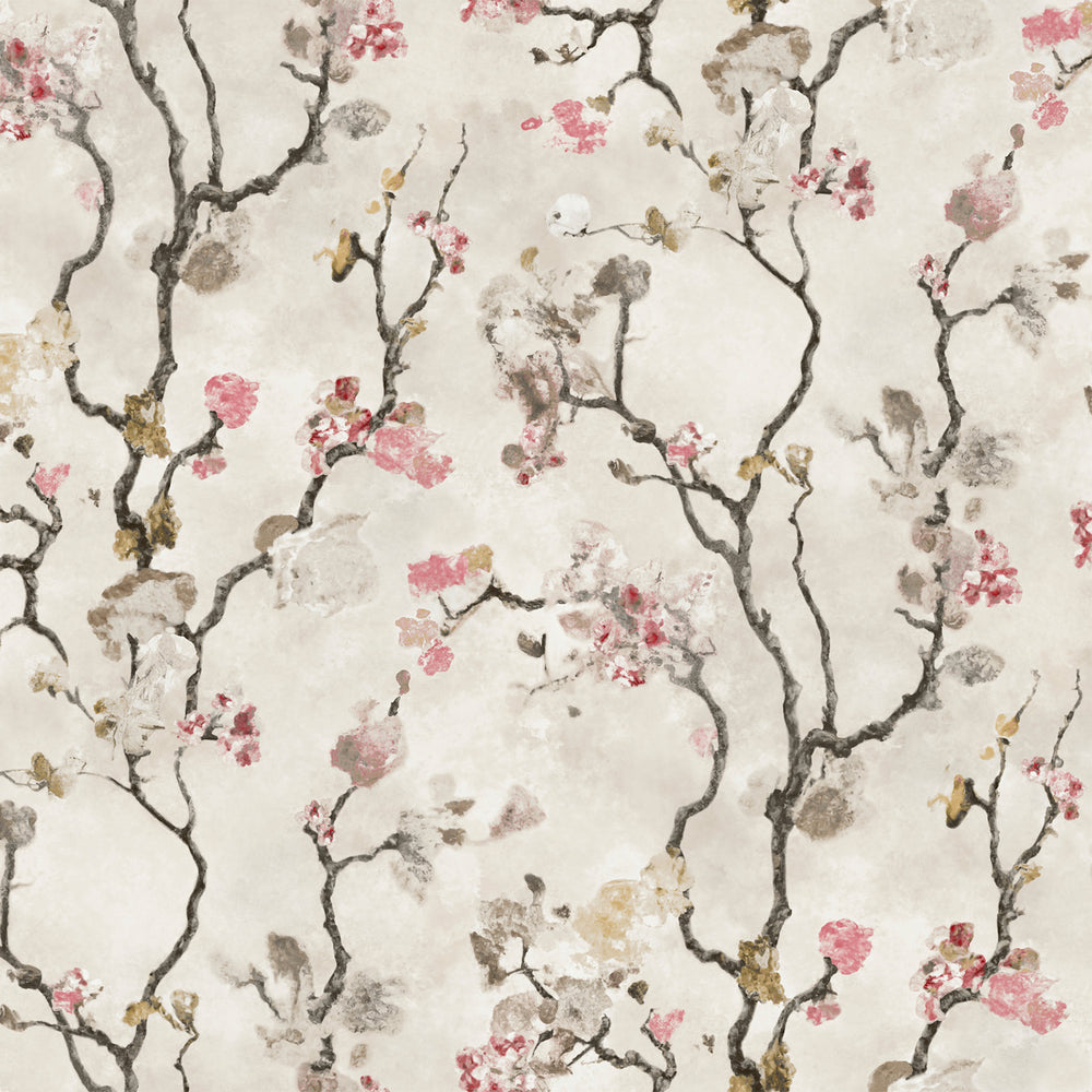 Lemieux et Cie La Broderi in sky blue and creamy white, textile swatch with geometric embroidered branches and pink blossoms on neutral ground.
