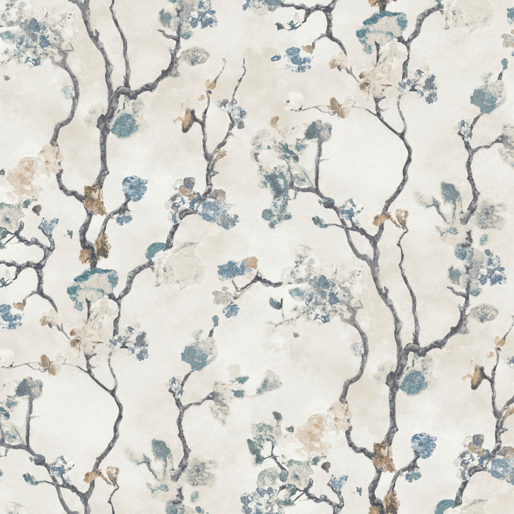 Lemieux et Cie Avril Chinoiserie wallpaper in peacock blue and misty gray, flowering branch motif on neutral ground.