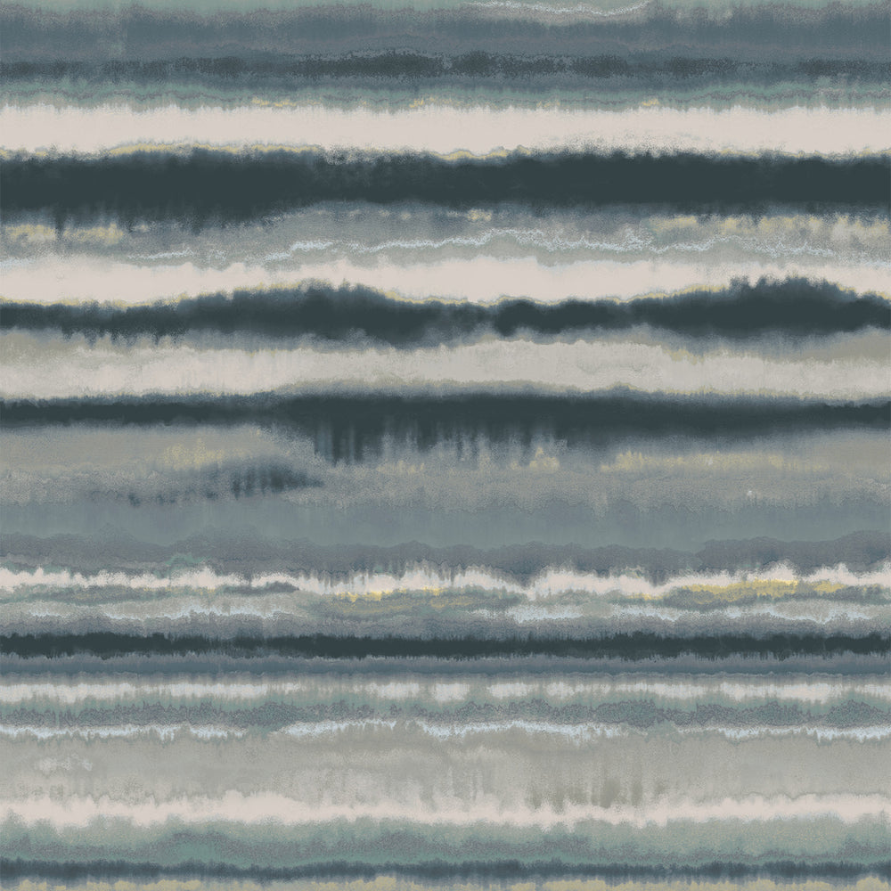 Lemieux et Cie Edition Mural in misty grey and beige, painterly horizontal brushstrokes evoking ocean waves, abstract wall mural shown on white studio backdrop.