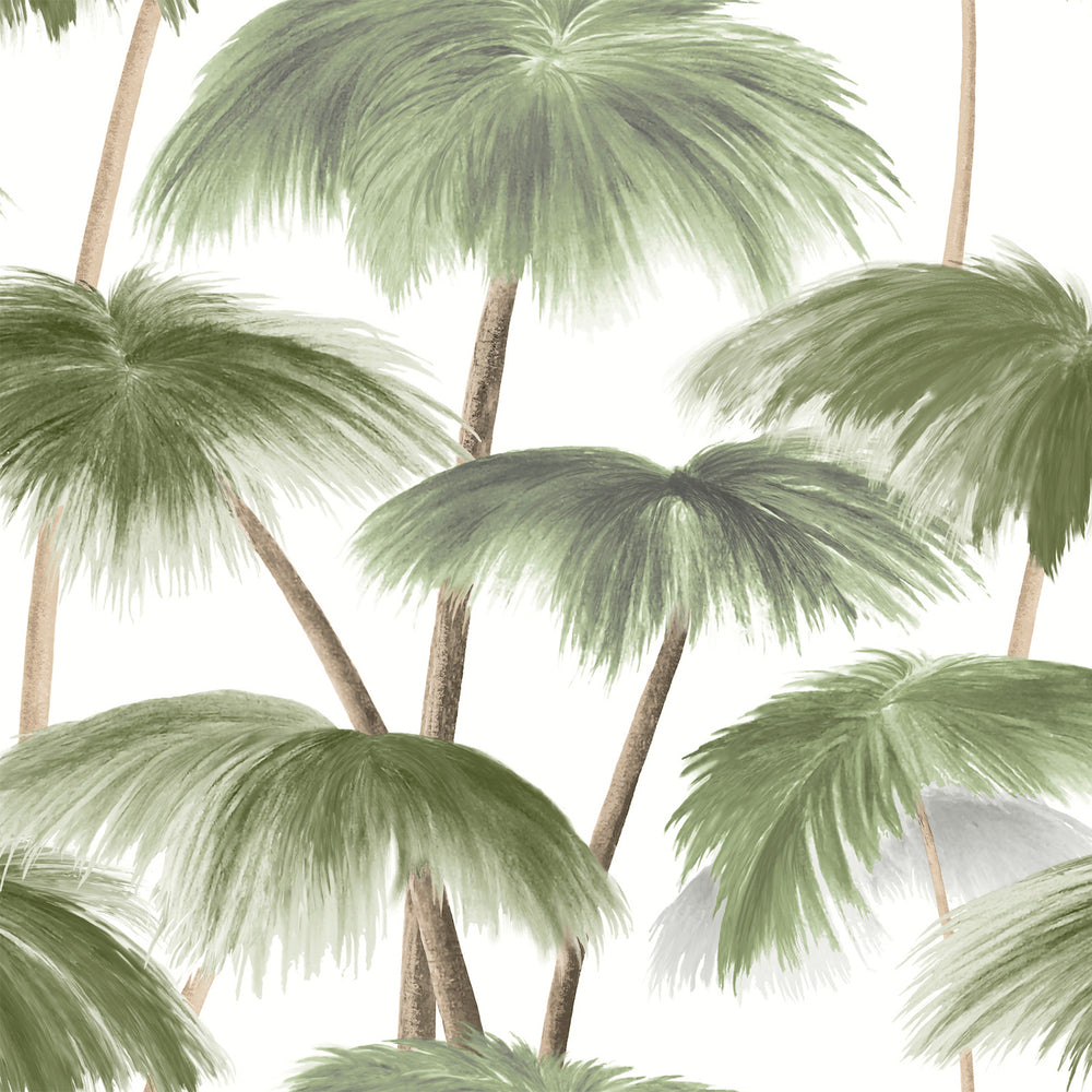 Lemieux et Cie Plein Air Palms wallpaper in organic greens on white, Impressionist palm fronds pattern with artistic brushstrokes shown on white backdrop.