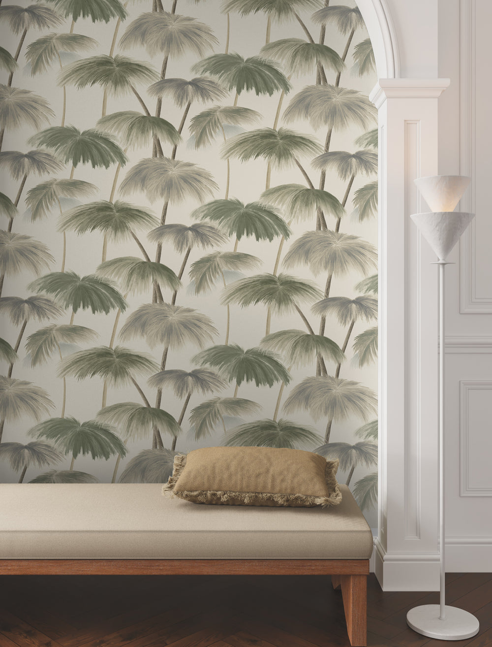 Lemieux et Cie Plein Air Palms wallpaper in vintage neutrals on cream white, palm frond pattern in an arched alcove with white paneling and wood floor.