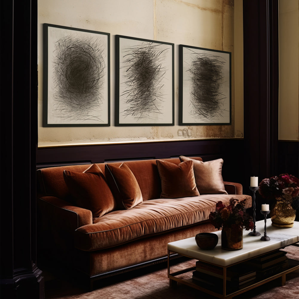 Lemieux et Cie Still Life vase in speckled stoneware with unglazed finish, handbuilt ceramic vessel styled on stone coffee table in dark-paneled sitting room.