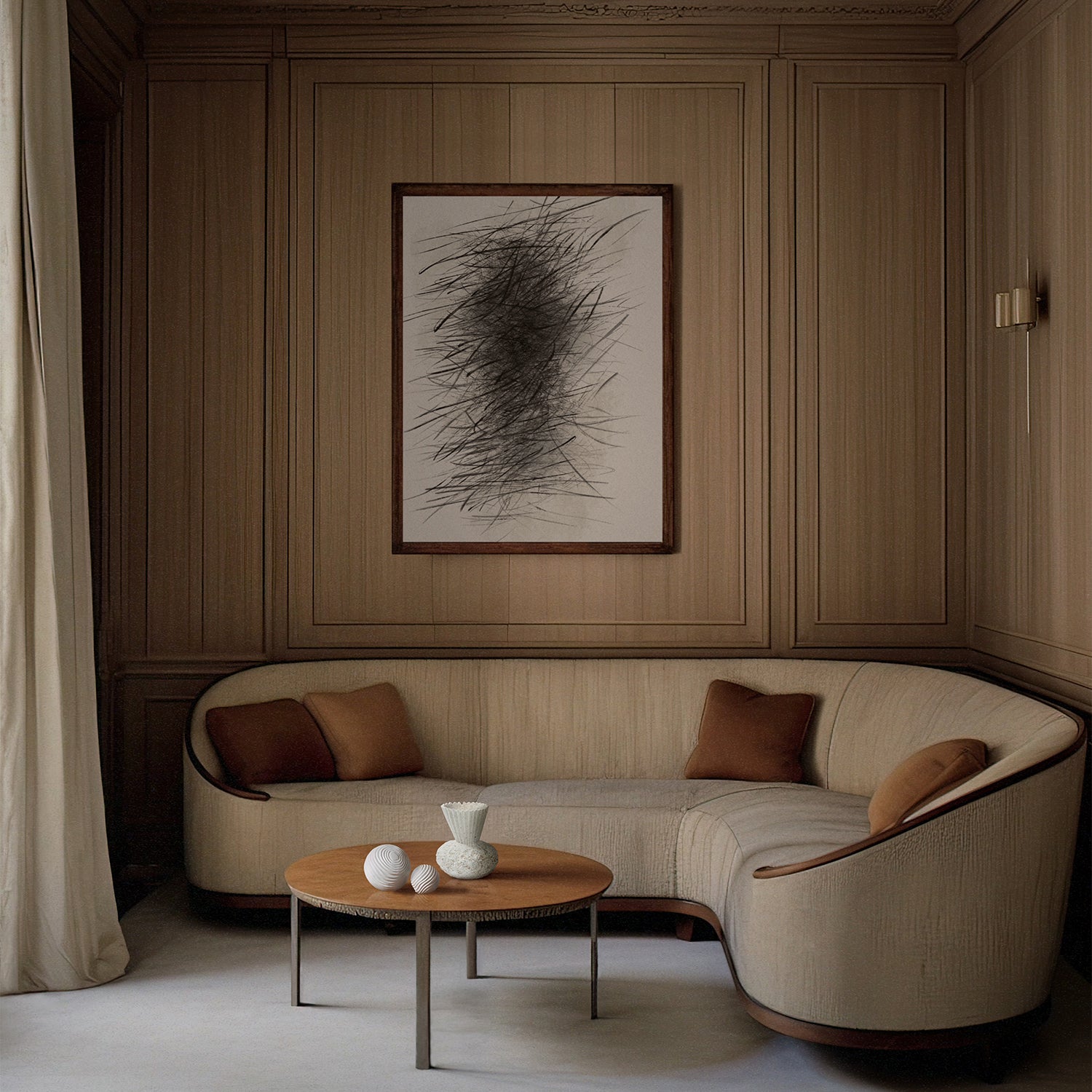 Lemieux et Cie Still Life Vase in speckled stoneware with unglazed finish, handmade ceramic vessel on wood table in wood-paneled sitting room.